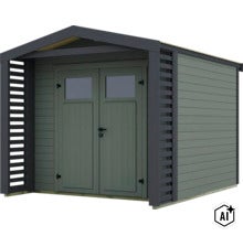Abri de jardin en bois avec toit à deux pans et double porte incluant des fenêtres et des parois à lamelles sur le devant. (Image AI modified or generated)