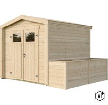 Abri de jardin en bois avec porte double, fenêtres vitrées et annexe latérale pour outils de jardin ou jardinière. (Image AI modified or generated)