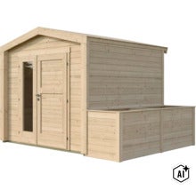 Abri de jardin en bois avec porte double, un élément en verre et jardinière intégrée (Image AI modified or generated)