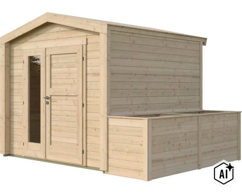 Abri de jardin en bois avec porte double, un élément en verre et jardinière intégrée (Image AI modified or generated)