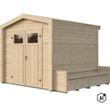 Abri de jardin en bois avec porte double et banc intégré au design moderne pour l extérieur. (Image AI modified or generated)
