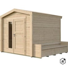 Abri de jardin en bois avec toit à deux pans, porte double vitrée et banc intégré sur la paroi latérale. (Image AI modified or generated)