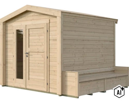 Abri de jardin en bois avec toit à deux pans, porte double vitrée et banc intégré sur la paroi latérale. (Image AI modified or generated)