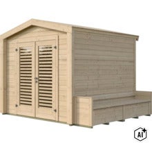 Abri de jardin en bois avec double porte et banc intégré sur la paroi latérale (Image AI modified or generated)