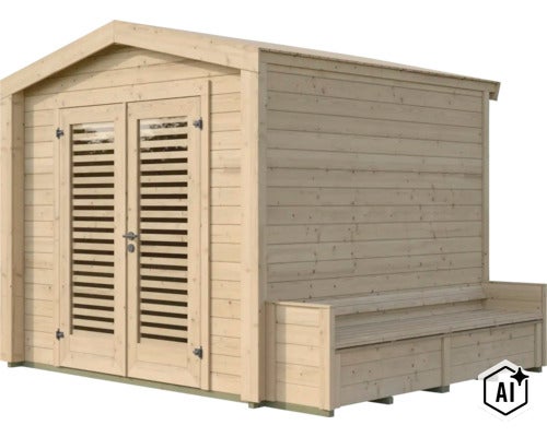 Abri de jardin en bois avec double porte et banc intégré sur la paroi latérale (Image AI modified or generated)