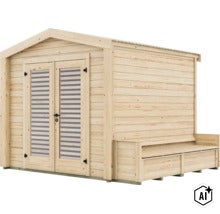 Abri de jardin en bois massif avec double porte et banc latéral (Image AI modified or generated)