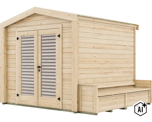 Abri de jardin en bois massif avec double porte et banc latéral (Image AI modified or generated)