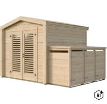 Abri de jardin en bois avec double porte et armoire annexe intégrée pour le rangement des outils de jardin ou des poubelles. (Image AI modified or generated)