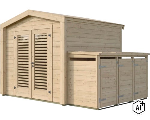 Abri de jardin en bois avec double porte et armoire annexe intégrée pour le rangement des outils de jardin ou des poubelles. (Image AI modified or generated)