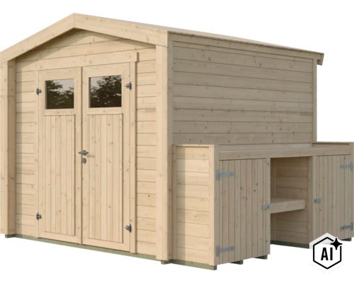 Abri de jardin en bois avec double porte et extension latérale avec étagères (Image AI modified or generated)