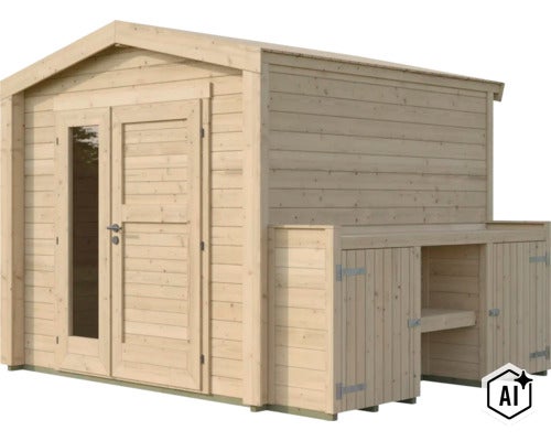 Abri de jardin en bois avec porte double et extension intégrée pour espace de rangement (Image AI modified or generated)