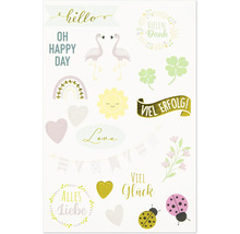 Lot de stickers décoratifs avec des motifs tels que flamants roses, trèfles, soleil et cœurs, ainsi que des vœux en allemand et en anglais.