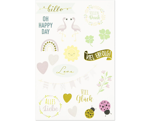 Lot de stickers décoratifs avec des motifs tels que flamants roses, trèfles, soleil et cœurs, ainsi que des vœux en allemand et en anglais.