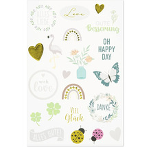 Lot d autocollants décoratifs avec divers motifs tels que des cœurs, des papillons, des fleurs et des messages de vœux.
