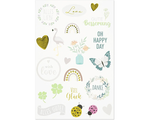 Lot d autocollants décoratifs avec divers motifs tels que des cœurs, des papillons, des fleurs et des messages de vœux.