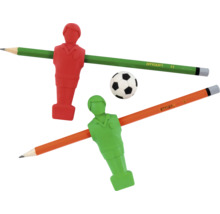 Zwei Stylex Bleistifte mit Radiergummis in Form von Tischfußball-Spielfiguren und einem Fußball.