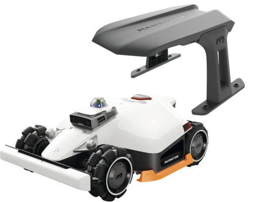 Robot tondeuse Mammotion avec traction intégrale et abri de protection pour garage.