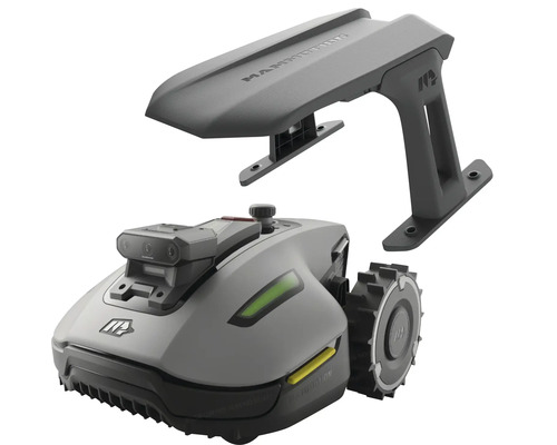 Robot tondeuse Mammotion avec garage pour entretien automatique de pelouse.