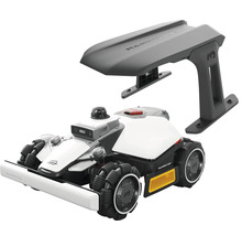 Robot tondeuse Mammotion avec traction intégrale et toit de protection gris pour montage mural.