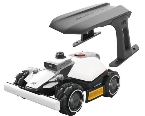Robot tondeuse Mammotion avec traction intégrale et toit de protection gris pour montage mural.