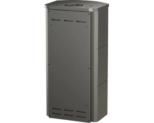 Vue arrière d'un poêle haut en métal anthracite avec fentes de ventilation et raccordement au conduit de fumée sur le dessus.
