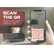 Smartphone avec le logo Thermia affichant un code pour utiliser la réalité augmentée pour les poêles dans une vue en trois dimensions.