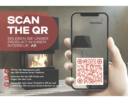 Smartphone avec le logo Thermia affichant un code pour utiliser la réalité augmentée pour les poêles dans une vue en trois dimensions.