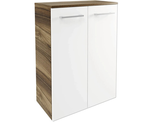 Zweitüriger Badezimmerschrank mit Korpus in Holzoptik, weißen Fronten und silberfarbenen Griffen.