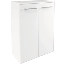 Meuble bas de salle de bain blanc avec deux portes et poignées argentées.