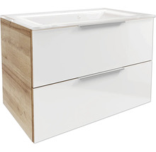 Meuble sous-vasque avec deux tiroirs, façade blanc brillant et corps aspect chêne, lavabo inclus.