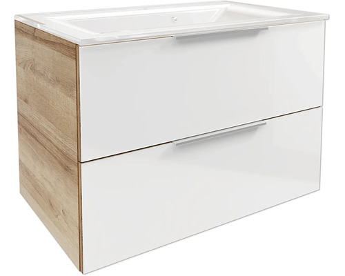 Meuble sous-vasque avec deux tiroirs, façade blanc brillant et corps aspect chêne, lavabo inclus.
