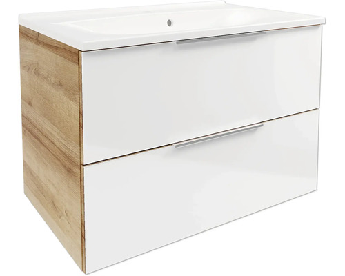 Meuble sous-vasque avec lavabo, deux tiroirs blancs avec poignées métalliques, parois latérales en décor bois clair.