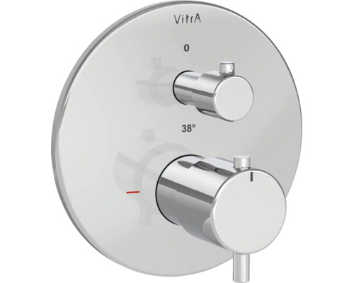 Mitigeur thermostatique encastré VitrA pour douche avec plaque ronde, deux manettes cylindriques et marquage 38 degrés.