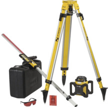 Stabila Rotationslaser Set mit Baulaser, Stativ, Teleskop Nivellierlatte, Empfänger, Zielplatte, Lasersichtbrille und Transportkoffer. Stabila Logo.