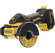 Meuleuse tronçonneuse sans fil DeWalt sans balais pour divers matériaux avec disque de coupe et capot de protection.