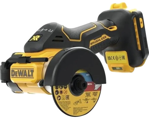 Meuleuse tronçonneuse sans fil DeWalt sans balais pour divers matériaux avec disque de coupe et capot de protection.