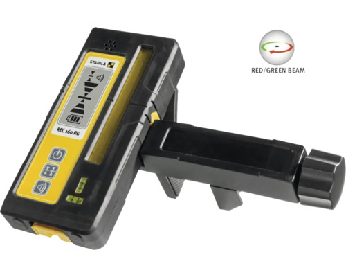 Stabila Laser-Empfänger REC 160 RG mit Halterung, geeignet für rote und grüne Laserstrahlen, digitales Display. Stabila Logo.