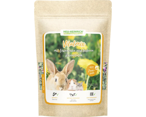 Aliments Heu-Heinrich Vitalmix pour petits animaux avec pissenlit et pétales de rose dans l'emballage, sans céréales, haute teneur en herbes.