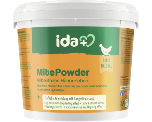 Ida Plus MitePowder, poudre contre les acariens pour poules, cent pour cent naturel, en seau blanc.