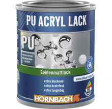 Hornbach PU Acryl Lack, seidenmatt, extrem kratzfest, extra deckend und langlebig. Hornbach Logo.