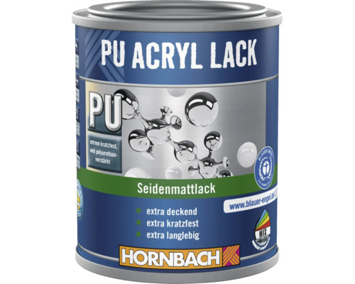 Hornbach PU Acryl Lack, seidenmatt, extrem kratzfest, extra deckend und langlebig. Hornbach Logo.