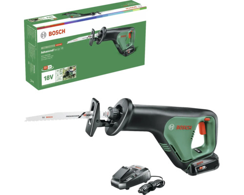 Scie sabre sans fil Bosch AdvancedRecip 18 en vert et noir avec batterie 18 Volt, chargeur et emballage.