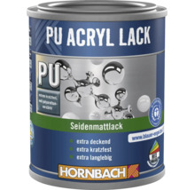 Hornbach Polyurethan-Acryl-Seidenmattlack, polyurethan-verstärkt, kratzfest, deckend, langlebig, Blauer Engel Siegel, Hornbach Logo.