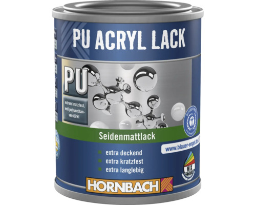 Laque acrylique au polyuréthane satinée Hornbach, résistante aux rayures, couvrante, durable, certifiée Blauer Engel, Hornbach Logo.