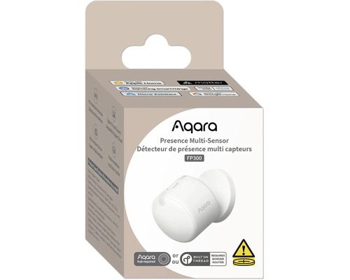 Aqara Präsenz-Multisensor FP300 in der Verpackung. Kompatibel mit Matter, Apple Home, Alexa, Google Home, SmartThings und Home Assistant.