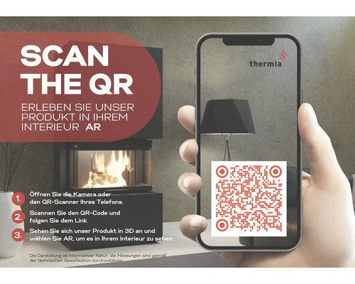 Hand hält Smartphone mit QR-Code vor einem Kamin, Anleitung zur Nutzung der Augmented Reality Funktion und thermia Logo.