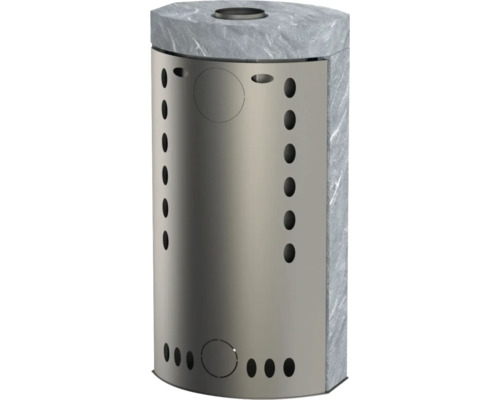 Kaminofen mat Steeverkleedung a perforéierter Metallfront.