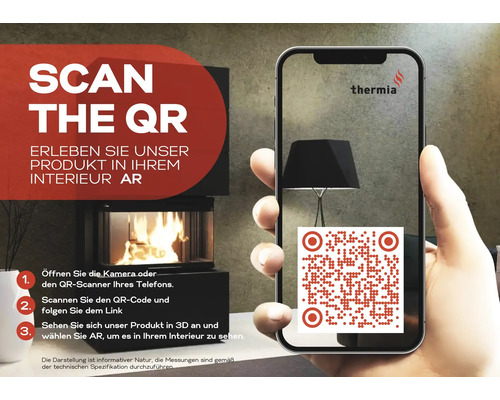 Smartphone mit QR-Code für Augmented Reality eines Kaminofens. Anleitung für dreidimensionale Ansicht in Innenräumen. Thermia Logo.
