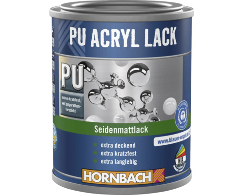Vernis acrylique PU Hornbach satiné, résistant aux rayures, couvrant, durable, Hornbach Logo, label Ange Bleu.