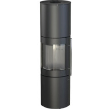 Poêle à bois cylindrique en acier avec grande vitre et poignée verticale.